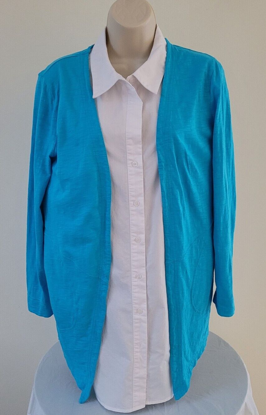 CHICOS Open-front, Long sleeve, Robin-egg blue, 2 pockets, Knit Cardigan-Sz 0/Sm